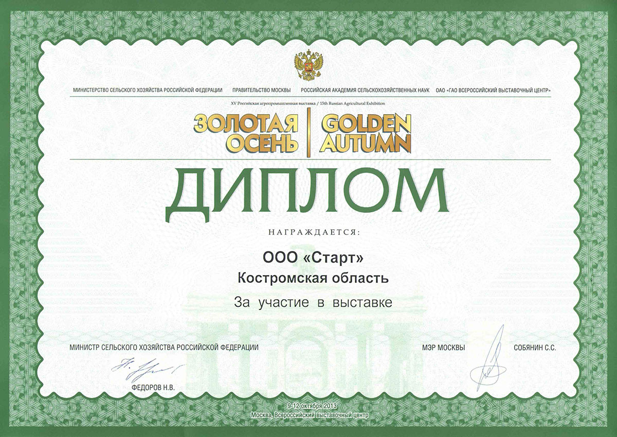 Диплом за участие в выставке "Золотая осень 2013"